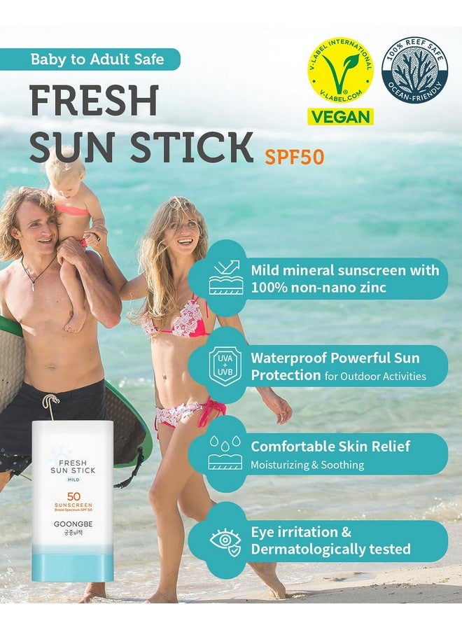 غونغبي GOONGBE Fresh Sun Stick Mild SPF 50 - مرطب واقي من الشمس من أكسيد الزنك بدون لون أبيض - غير دهني بلمسة نهائية ناعمة غير لامعة - مناسب للسفر للأطفال والرضع والكبار - نباتي وآمن على الشعاب المرجانية، 0.49 أونصة. - Image 1