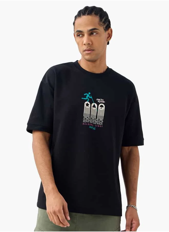 اس بي كاركترز Squid Games Print Crew Neck T-shirt with Short Sleeves