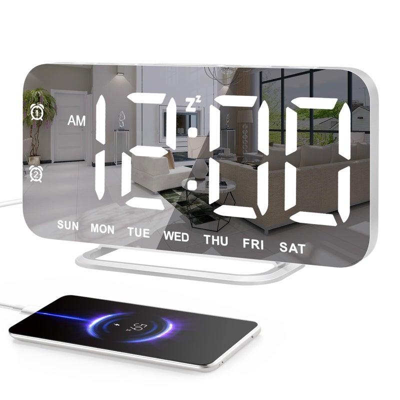 Super Slim Led Digital Alarm Clock Mirror Surface For Makeup With Diming Mode 4 Levels Brightness Large Display Easy Setting Dual Usb Ports Modern Decoration For Home Bedroom Decor White