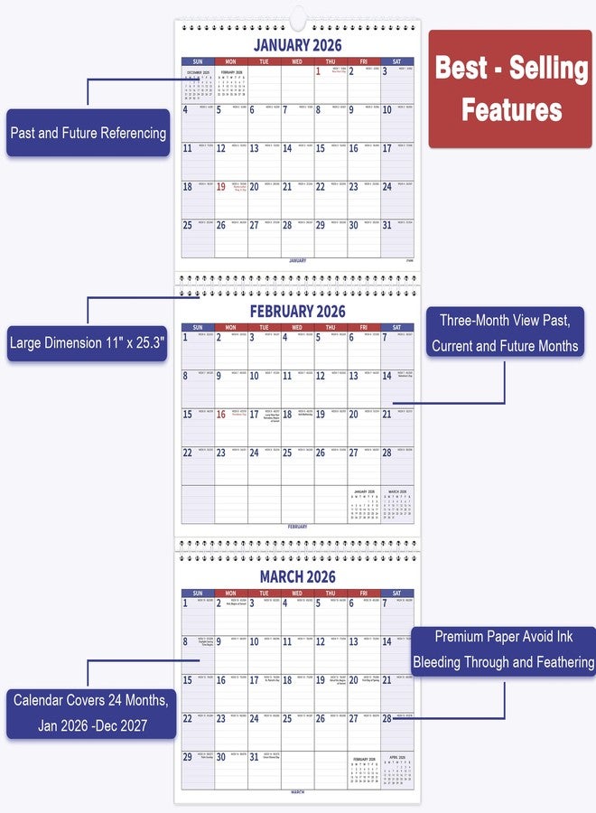 Feteulo 2025-2026 Wall Calendar - 3-Month Wall Calendar 2025-2026, Jan 2025 - Dec 2026, 3 Month Calendar Vertical Display, Move-a-Page, 11" x 25", Large Monthly Calendar, Holidays - Image 3