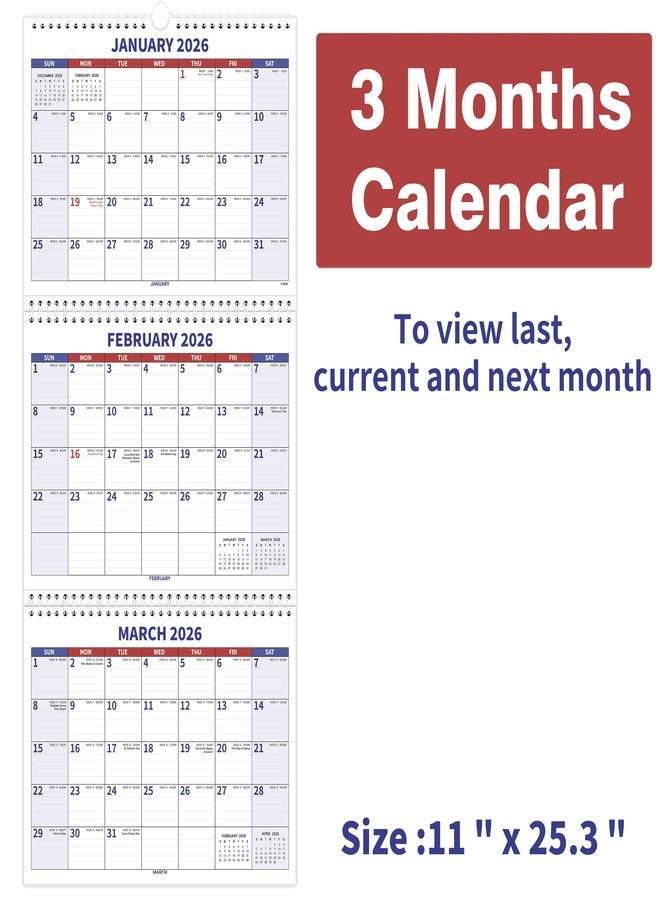 Feteulo 2025-2026 Wall Calendar - 3-Month Wall Calendar 2025-2026, Jan 2025 - Dec 2026, 3 Month Calendar Vertical Display, Move-a-Page, 11" x 25", Large Monthly Calendar, Holidays - Image 5
