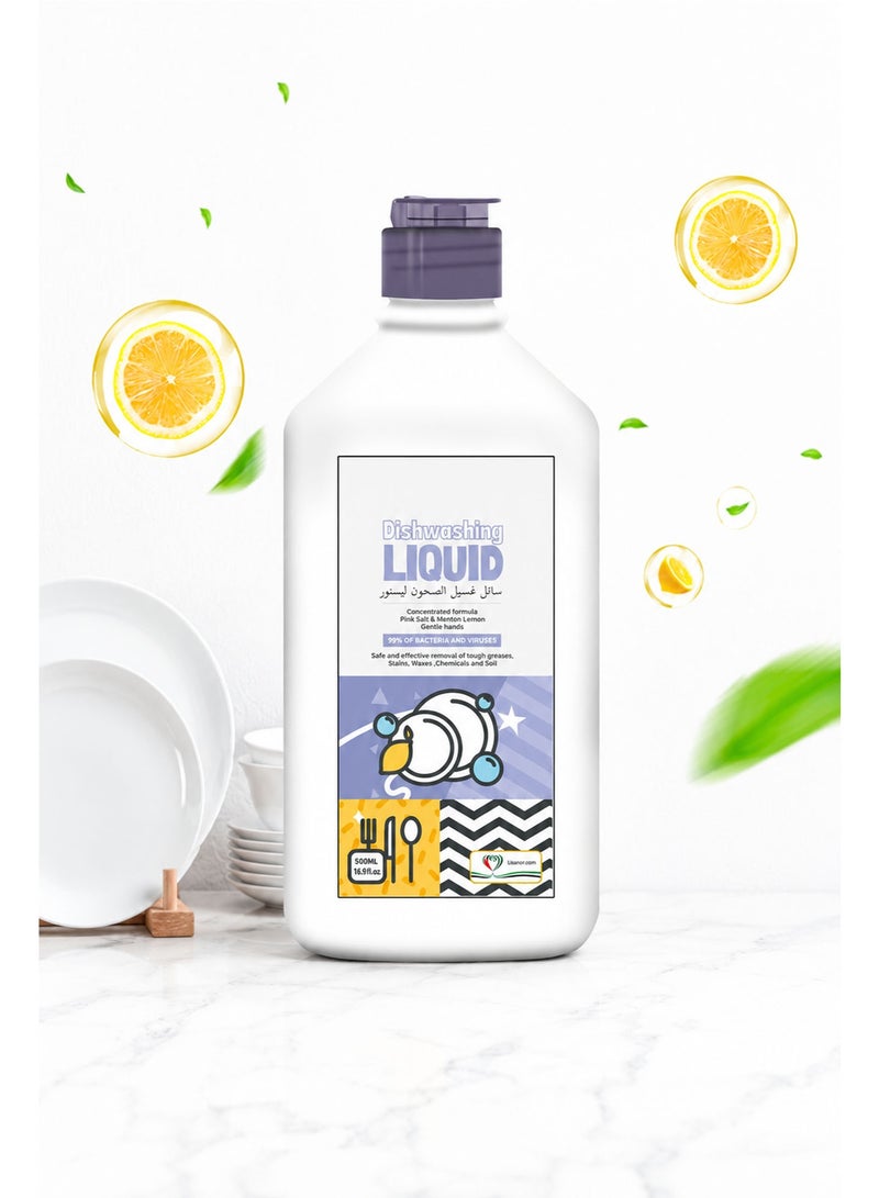 Antibacterial Dishwashing Liquid Soap 500ml , Concentrated Lemon Dish Wash with Pink Salt, Gentle on Hands & Powerful Grease Cleaner - Image 1