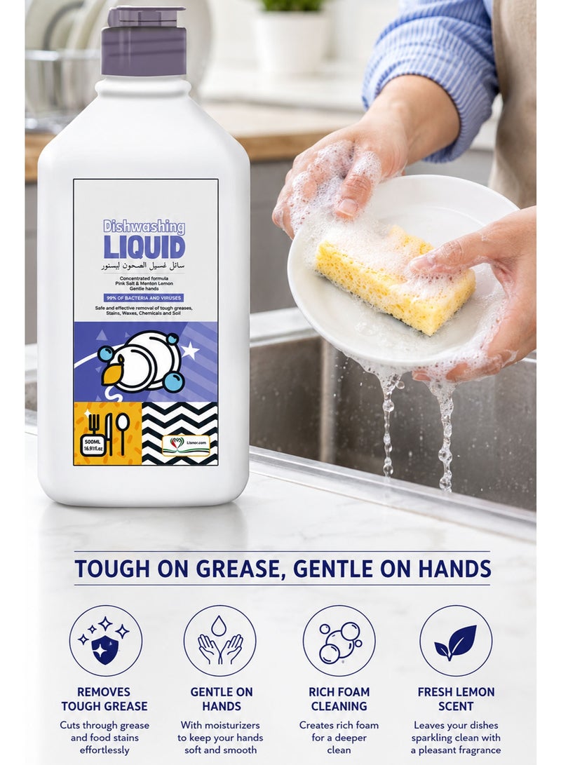 Antibacterial Dishwashing Liquid Soap 500ml , Concentrated Lemon Dish Wash with Pink Salt, Gentle on Hands & Powerful Grease Cleaner - Image 2