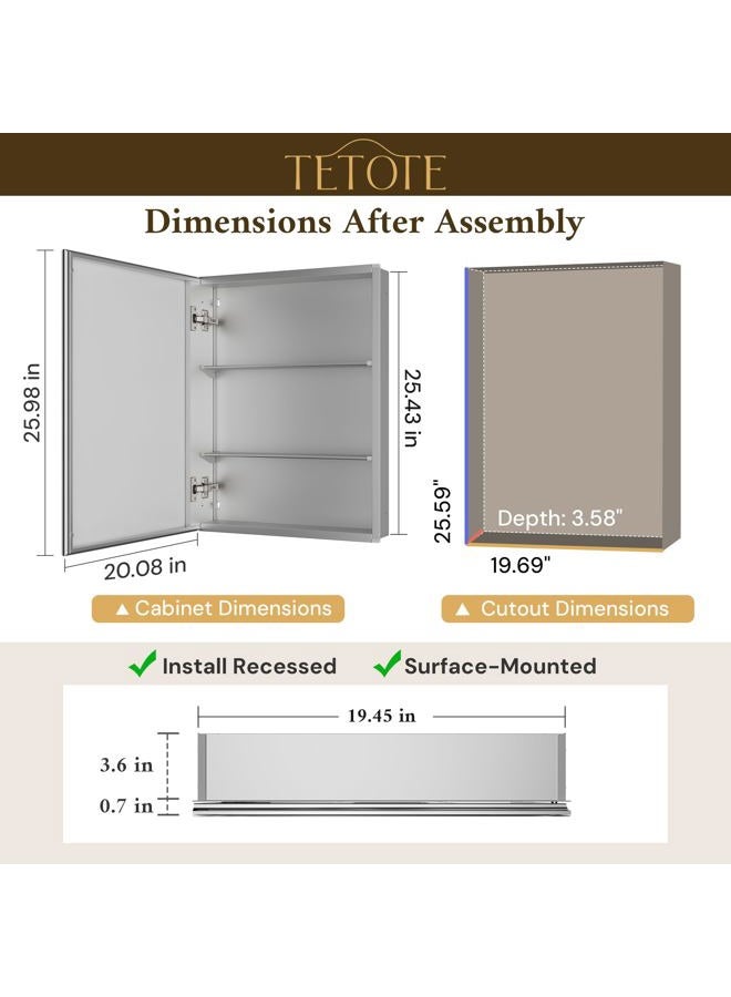 TETOTE 20 x 26 Bathroom Mirror with Storage with Tempered Beveled Mirror Silver Medicine Cabinet Aluminum Cabinet DTC Hinges, Stepless Adjustable Shelves, Recessed/Surface-Mounted - Image 2
