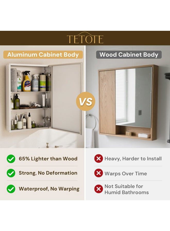 TETOTE 20 x 26 Bathroom Mirror with Storage with Tempered Beveled Mirror Silver Medicine Cabinet Aluminum Cabinet DTC Hinges, Stepless Adjustable Shelves, Recessed/Surface-Mounted - Image 5