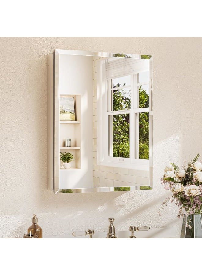 TETOTE 20 x 26 Bathroom Mirror with Storage with Tempered Beveled Mirror Silver Medicine Cabinet Aluminum Cabinet DTC Hinges, Stepless Adjustable Shelves, Recessed/Surface-Mounted - Image 1