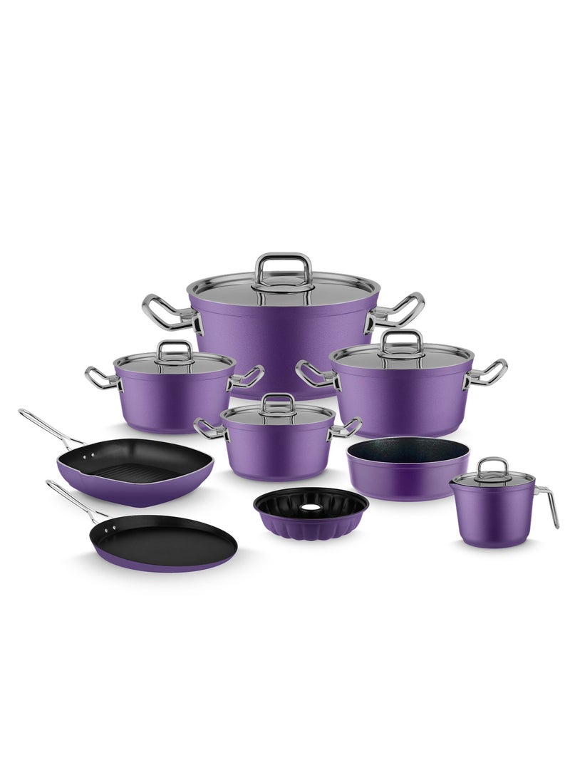 Lines Turkish Granite Cookware Set – 14 Piece Set – Stainless Steel Lid – Suitable for all stovetops – Made in Turkey  Lines Turkish Granite Cookware Set – 14 Piece Set – Sizes 18/20/24/28 cm + 26 cm Crepe Pan + 28 cm Grill Pan + 16 cm Casserole Dish + 34.5 cm Oven Tray + Cake Pan – Stainless Steel Lid – 8 Colors Purple