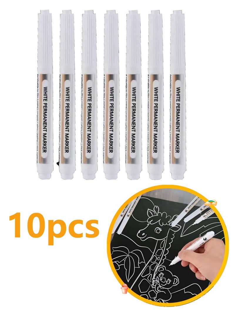 10 Pack White Marker, Waterproof White Acrylic Markers, White Permanent Marker, White Paint Markers for Metal, Black Paper, Canvas, Glass, Rock, Wood, Stone, Graffiti, Ceramic, DIY, Art Supplies - Image 1