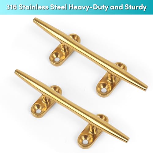 ORLANG 5 Inch 316 Stainless Steel Brass Color Boat Cleats, Open Base Dock Cleats with Fasteners, Boat Dock Cleats Rope Cleat for Boat Docks, Decks or Nautical Decor (4 Pack) - Image 3