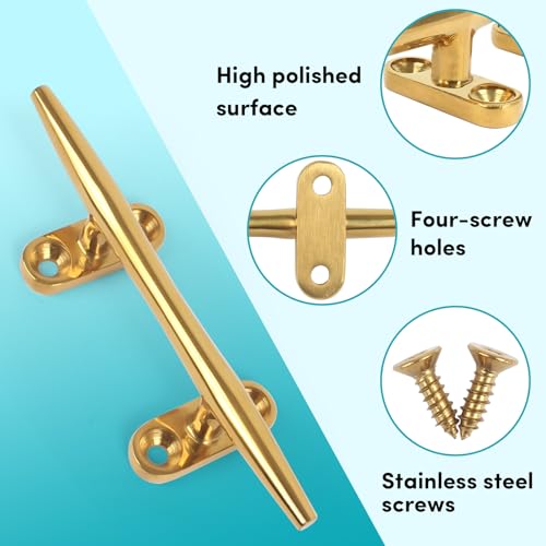 ORLANG 5 Inch 316 Stainless Steel Brass Color Boat Cleats, Open Base Dock Cleats with Fasteners, Boat Dock Cleats Rope Cleat for Boat Docks, Decks or Nautical Decor (4 Pack) - Image 4