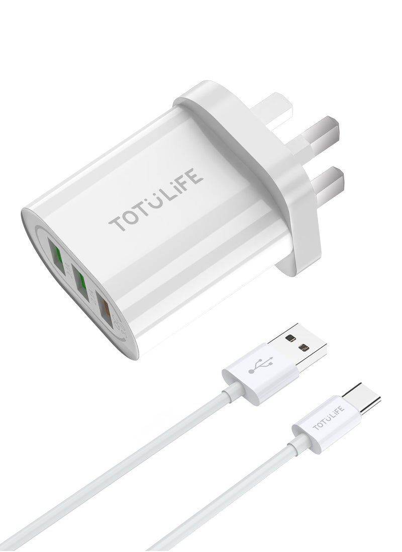 توتو لايف شاحن بيور حائط سريع ٣ منافذ QC+2USB + كيبل تايب سي - أبيض  - Image 1