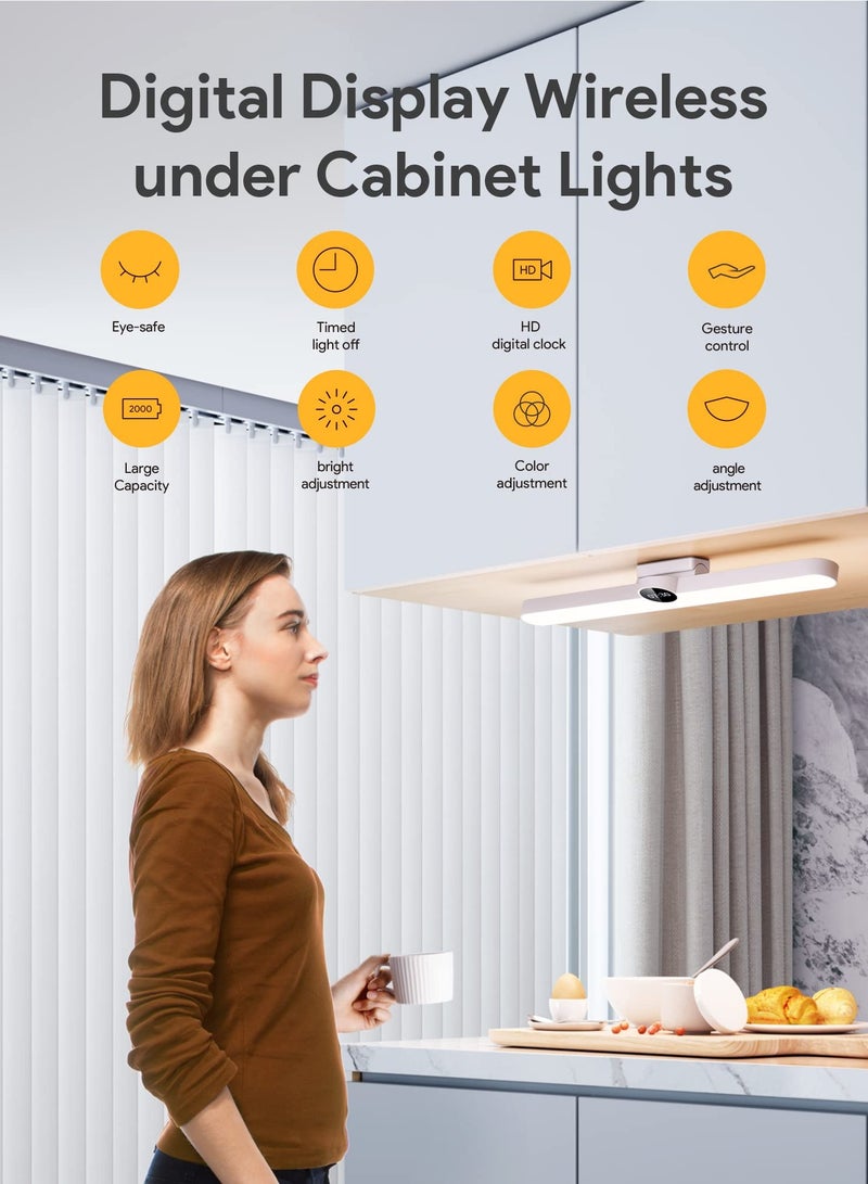 KASTWAVE ضوء كبير تحت الخزانة مع ساعة رقمية، 15.7 بوصة 5 واط ضوء LED لاسلكي لخزانة الملابس، قابل لإعادة الشحن وخافت بثلاثة ألوان ضوء القراءة المثبت على الجدار لمطبخ وزينة السرير وخزانة الملابس - Image 5