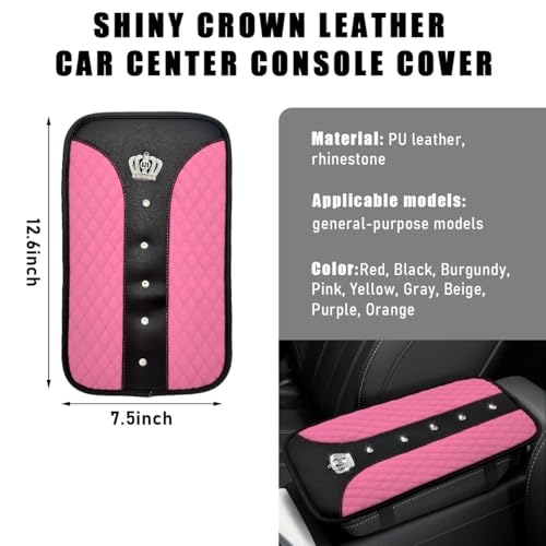 Yourkar Bling Crown Car Center Console Mats AntiSlip and Waterproof Crystal Car Armrest Pad Protector Universal Rustproof Armrest Decor Cushion for Cars SUVs Car Accessories Pink - Image 3