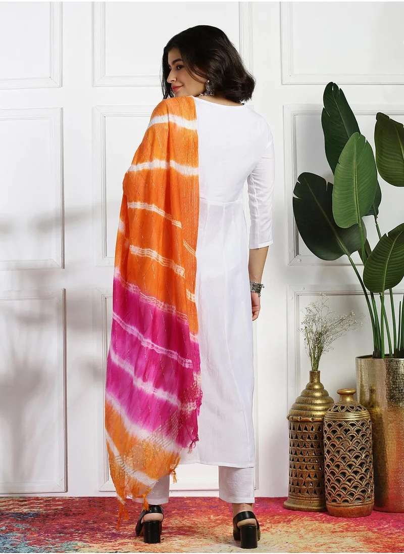 ISHIN A-Line Fit Solid Pattern Round Neck Three-Quarter Sleeves White Colour Knitted Cotton Kurta Set for Women with Semi Elastic Closure - Perfect for your Festive Celebrations