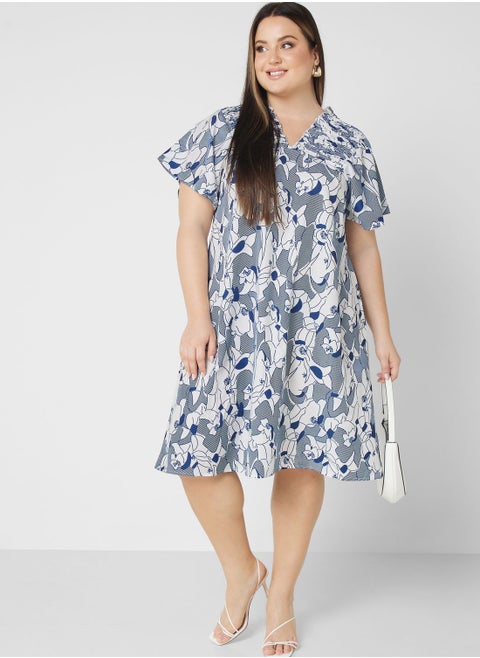 V Neck Detail Printed Dress