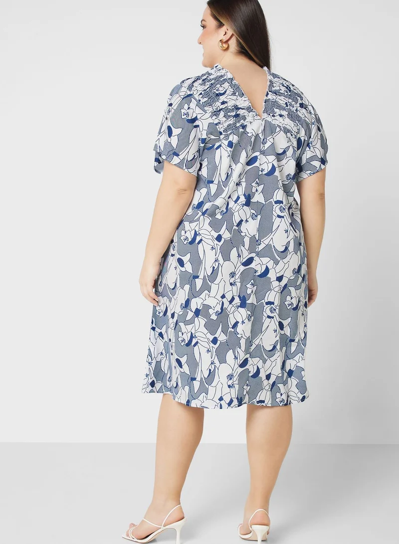 Ginger Plus V Neck Detail Printed Dress