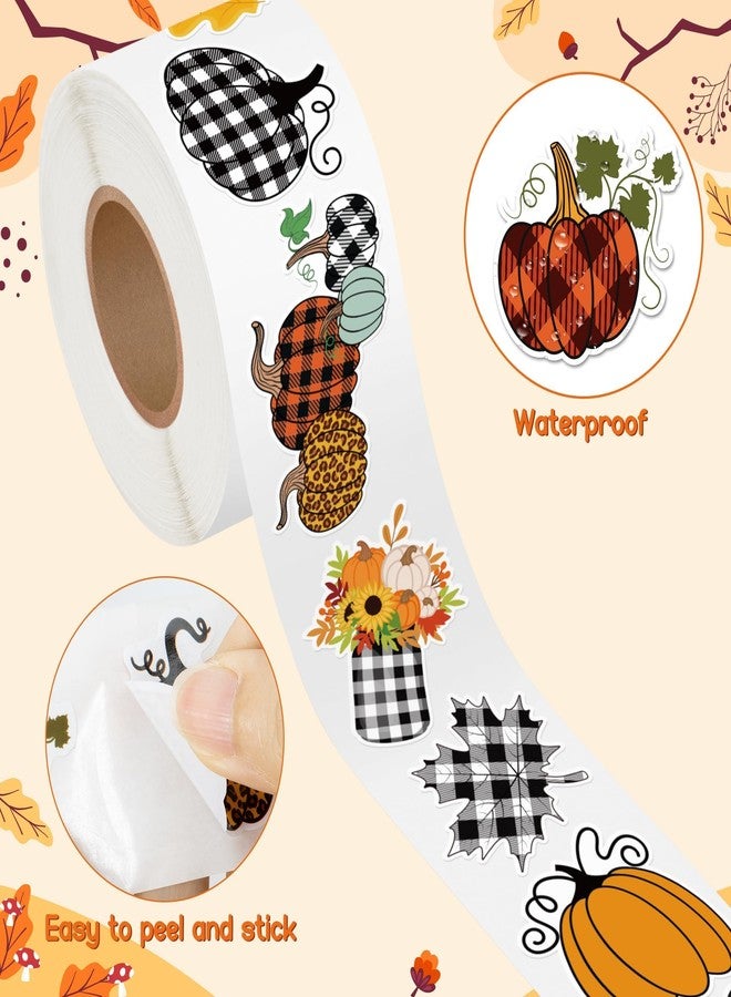 BkeeCten Autumn Thanksgiving Pumpkin Stickers - 1000pcs Buffalo Plaid Pumpkin Waterproof Vinyl Reusable Laptop Sticker Roll Coloring Book Scrapbook Water Bottle Page Activity Pad Birthday Party Favors - Image 3