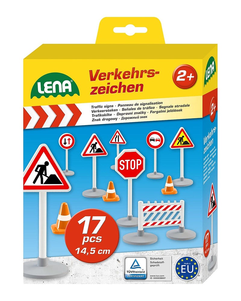 Lena 04440 - Traffic sign set with 17 parts, 9 traffic signs approx. 16 cm, 5 pylons and 3 construction fences, supplement for toy vehicle series Truxx, Worxx, Truckies, EcoAktives, Aktive and Profi - Image 1