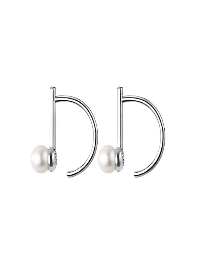 Reffeer 925 Sterling Silver Pearl Half Hoop Earrings for Women Teen Girls Bar Hoop Earrings Open Small Huggie Earrings, 1.3CM, Sterling Silver, Created Pearl - Image 1