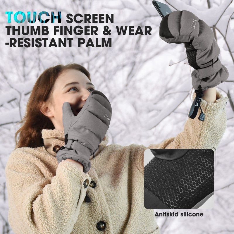 MCTi Ski Mittens Women's Snow Mitten Touch Screen Waterproof Insulated Quilted Mitts with Hidden Zipper - Image 3