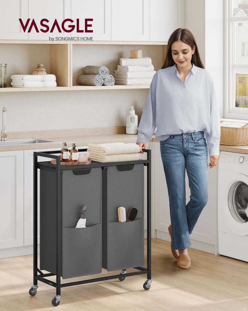 VASAGLE Laundry Sorter, 29 Gal. (110 L) Laundry Hamper Basket with 2 Compartments, Rolling Cart with Wheels, Shelf, Removable Bags, Pockets, Slate Gray and Charcoal Gray UBLH021G01 - Image 2