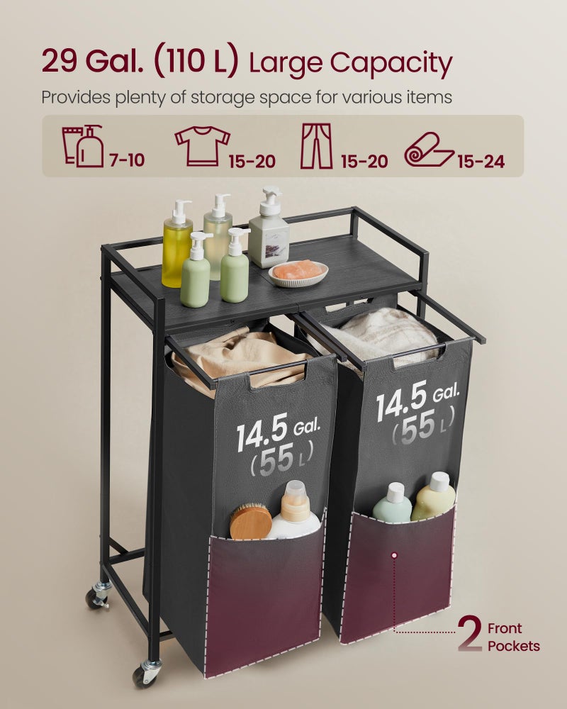 VASAGLE Laundry Sorter, 29 Gal. (110 L) Laundry Hamper Basket with 2 Compartments, Rolling Cart with Wheels, Shelf, Removable Bags, Pockets, Slate Gray and Charcoal Gray UBLH021G01 - Image 3