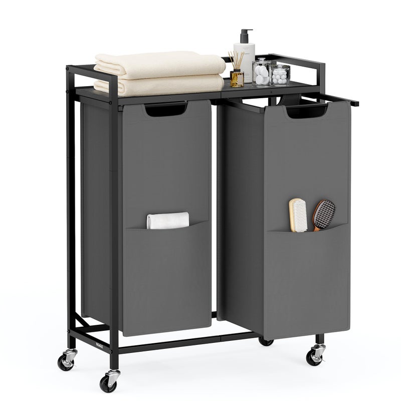VASAGLE Laundry Sorter, 29 Gal. (110 L) Laundry Hamper Basket with 2 Compartments, Rolling Cart with Wheels, Shelf, Removable Bags, Pockets, Slate Gray and Charcoal Gray UBLH021G01 - Image 1