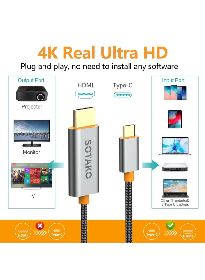 سوتاكو كابل SOTAKO USB C إلى HDMI – محول فيديو عالي السرعة 4K UHD (3840x2160 @30Hz) USB 3.2 Gen2، كابل مجدول فائق المتانة بطول 1.8 متر (6 قدم)، هيكل من سبائك الألومنيوم + PVC – توصيل وتشغيل لأجهزة MacBook والمزيد. - Image 5