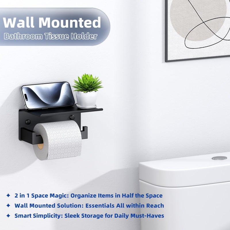 APLusee Toilet Paper Holder with Shelf Matte Black, 304 Stainless Steel Tissue Holder, Wall Mounted - Image 3