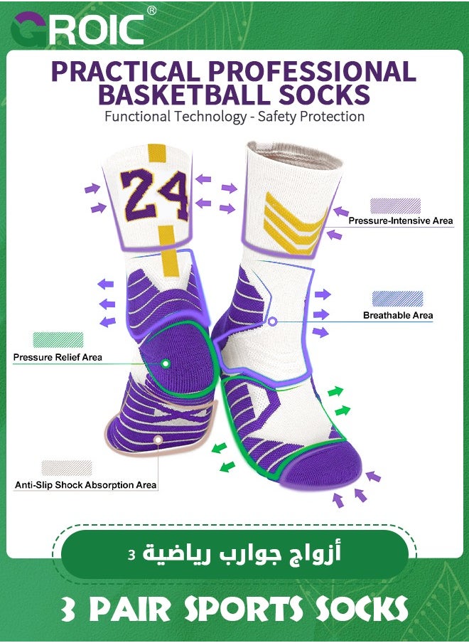GROIC 3 Pair Elite Basketball Socks, Athletic Socks with 3D Ankle Protection, Football Socks & Running Socks, Compression Cushion Sport Socks Unisex  - Image 2