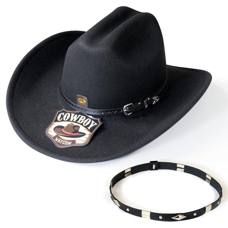 WAYCOM Western Cowboy Hat for Women: Wide Brimmed for Cowgirl - 2 Decorative Band for Men - Felt Hats for Party/Festival Black - Image 2