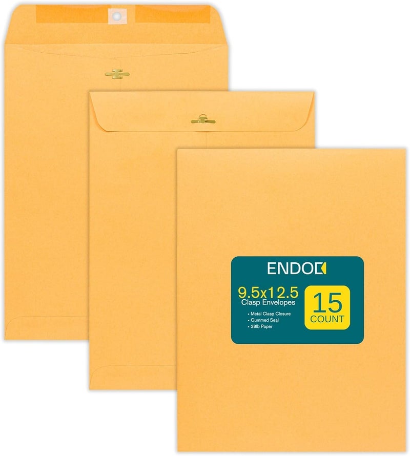 EnDoc Clasp Envelopes – 9.5x12.5 Inches Brown Kraft Catalog Envelopes Letter Size -15 Pack - with Clasp Closure & Gummed Seal – 28lb Heavyweight Paper Envelopes for Home, Office, Business, Legal or School - Image 1