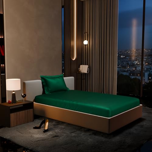 Stoa Paris 300TC UltraSatin Single Bedsheet Set, 10” Drop Fitted Bedsheet with 1 Pillow Cover, Hypoallergenic, Wrinkle Free, Aesthetic Bedding, Home Decor, Gift, Date Night - Emerald Green - Image 1