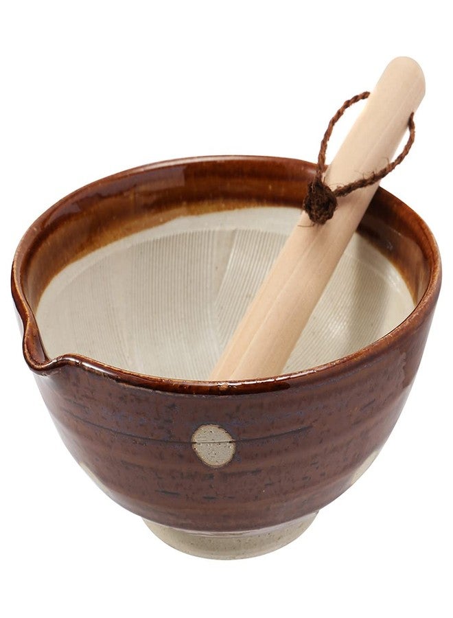 TIKUSAN Japanese Ceramic Ripple Ridge Mortar & Pestle Suribachi Bowl and Surikogi Set with Spout 7.1 inches Made in Japan (Brown) - Image 1