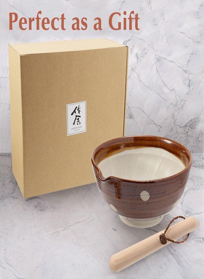 TIKUSAN Japanese Ceramic Ripple Ridge Mortar & Pestle Suribachi Bowl and Surikogi Set with Spout 7.1 inches Made in Japan (Brown) - Image 4