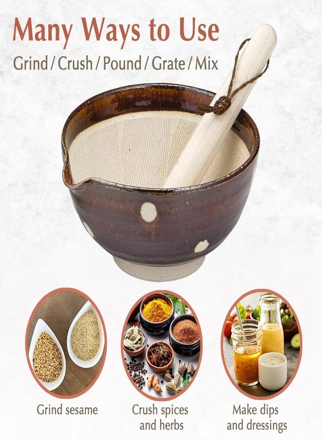 TIKUSAN Japanese Ceramic Ripple Ridge Mortar & Pestle Suribachi Bowl and Surikogi Set with Spout 7.1 inches Made in Japan (Brown) - Image 3