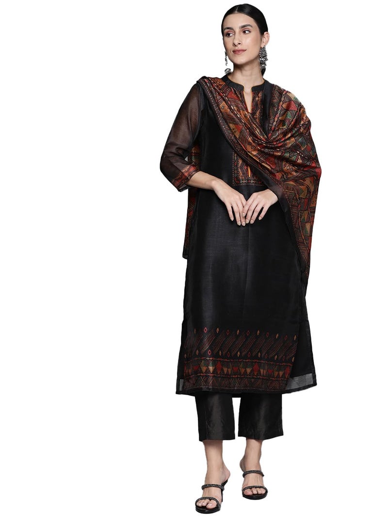 Varanga Women Black Printed Straight Kurta Paired with Solid Bottom and Printed Dupatta – Stylish Round Neck Kurta with Three-Quarter Sleeves, Comfortable Fit, Ideal for Casual and Festive Occasions - Image 1