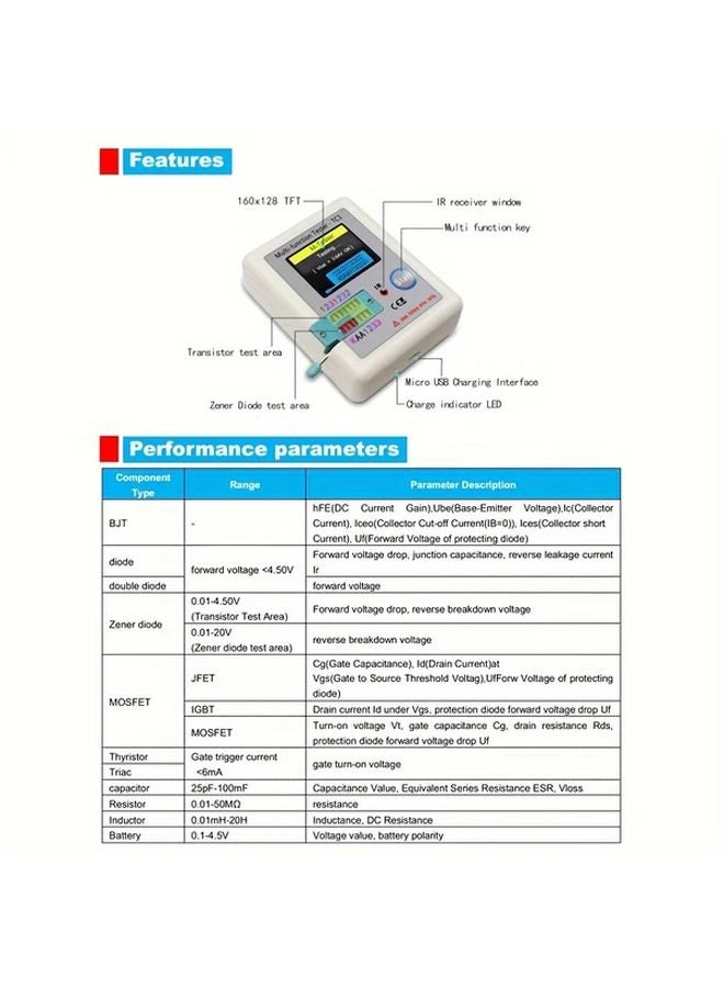 White LCR TC1 متعدد الوظائف لقياس ESR للمكثفات والمقاومات والدايودات والترانزستورات - Image 4