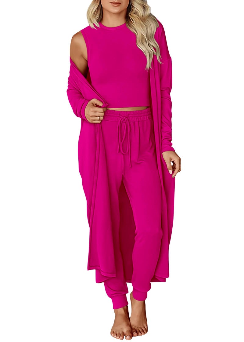 KIRUNDO 3 Piece Lounge Sets for Women Airport Travel Vacation Outfits Spring Cardigan Matching Sleeveless Top Jogger Pants(Rose Red, Large) - Image 1