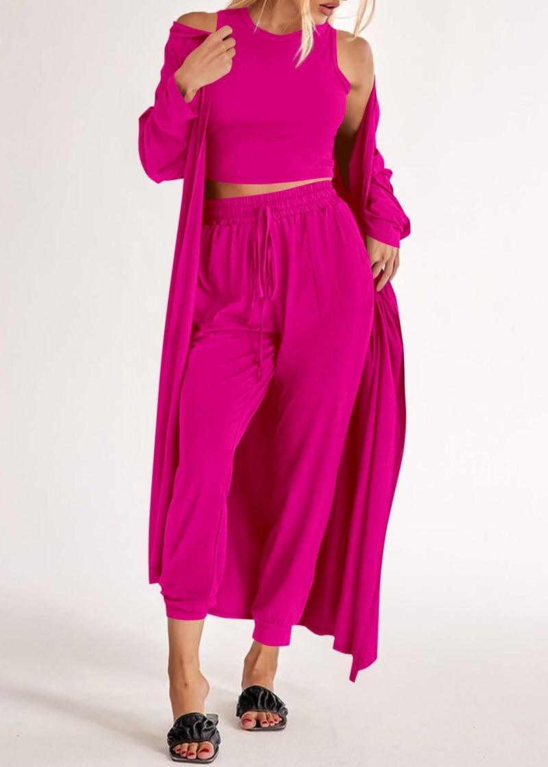 KIRUNDO 3 Piece Lounge Sets for Women Airport Travel Vacation Outfits Spring Cardigan Matching Sleeveless Top Jogger Pants(Rose Red, Large) - Image 3