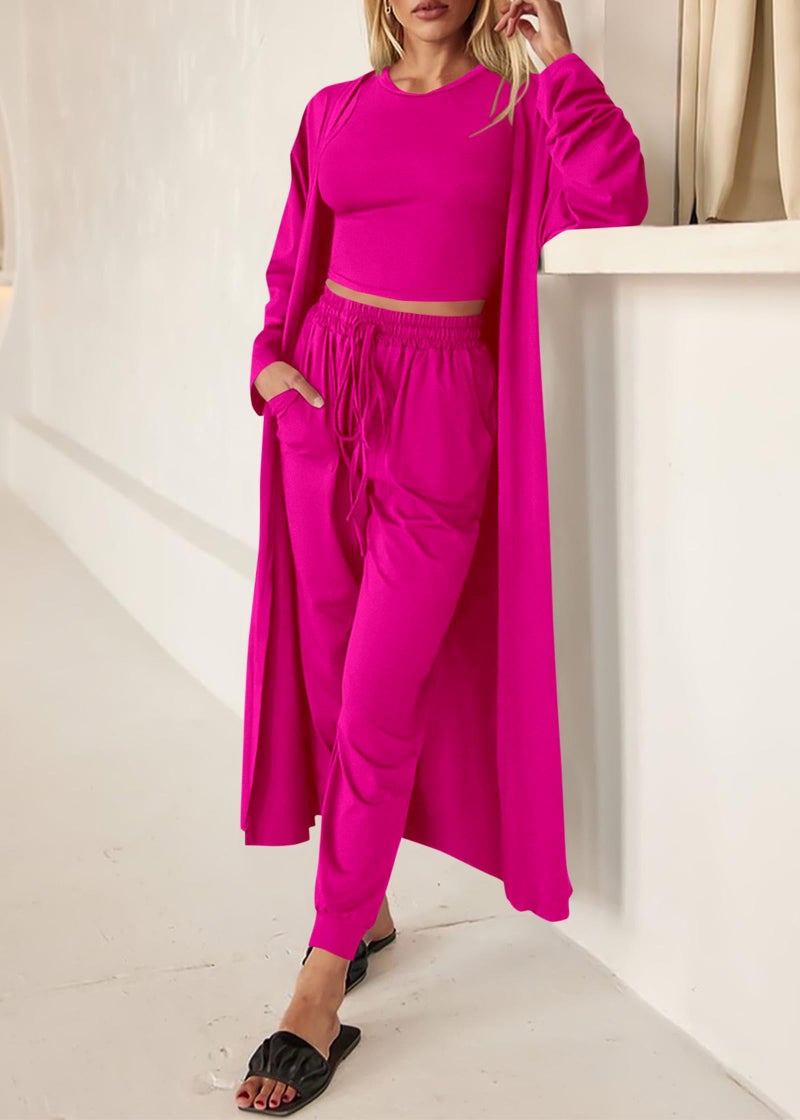 KIRUNDO 3 Piece Lounge Sets for Women Airport Travel Vacation Outfits Spring Cardigan Matching Sleeveless Top Jogger Pants(Rose Red, Large) - Image 4