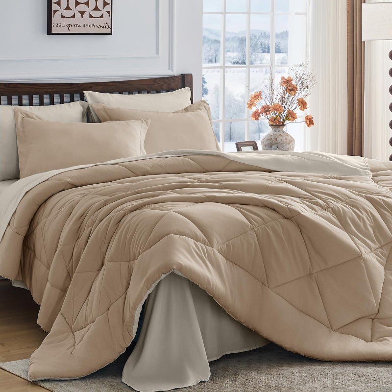 HEVUMYI Khaki & Linen California King Comforter Set - 7-Piece All Season Bed in a Bag Cal King, Ultra Soft Bedding Set with Comforter, Flat Sheet, Fitted Sheet, Pillowcases, Pillow Shams - Image 1