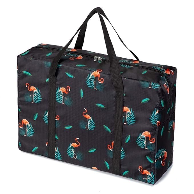 TOCINGO Travel Duffel Bag Foldable Flight Bag Travel Luggage Bag Travel Duffle Tote Bag Waterproof Luggage Organizer Storage (Black- Flamingo) - Image 2