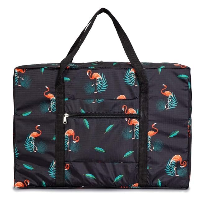 TOCINGO Travel Duffel Bag Foldable Flight Bag Travel Luggage Bag Travel Duffle Tote Bag Waterproof Luggage Organizer Storage (Black- Flamingo) - Image 3