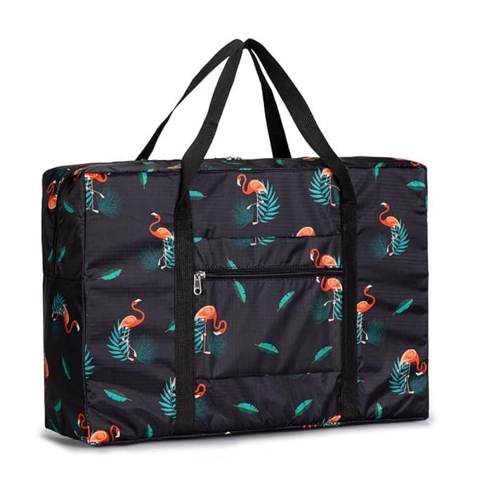 TOCINGO Travel Duffel Bag Foldable Flight Bag Travel Luggage Bag Travel Duffle Tote Bag Waterproof Luggage Organizer Storage (Black- Flamingo) - Image 1