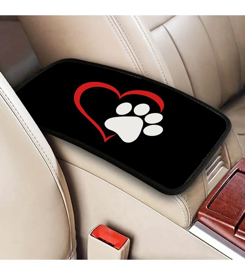 1 Piece Heart Shaped Colorful Dog Print Car Armrest Mat Center Console Pad Storage Box Interior Decor Accessories For Auto Sedan SUV Van Little White Dog Paw - Image 1