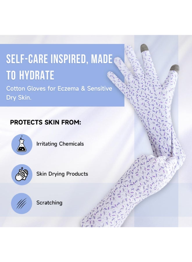HandLove Premium 100 Cotton Gloves Moisturizing Gloves for Dry Hands Overnight Sleeping Eczema Touchscreen Friendly Extended Wrist White Gloves Lavender Dots 2Pairs - Image 4
