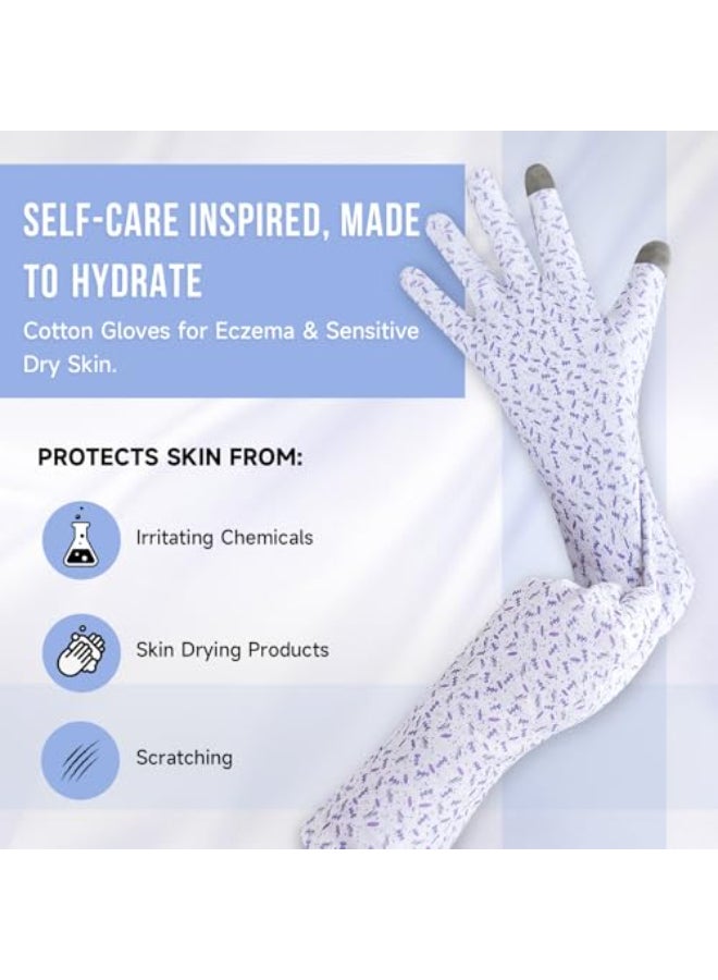 HandLove Premium 100 Cotton Gloves Moisturizing Gloves for Dry Hands Overnight Sleeping Eczema Touchscreen Friendly Extended Wrist White Gloves Lavender Dots 2Pairs - Image 3