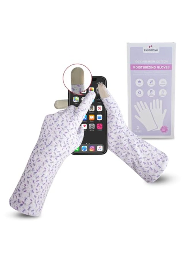 HandLove Premium 100 Cotton Gloves Moisturizing Gloves for Dry Hands Overnight Sleeping Eczema Touchscreen Friendly Extended Wrist White Gloves Lavender Dots 2Pairs - Image 1