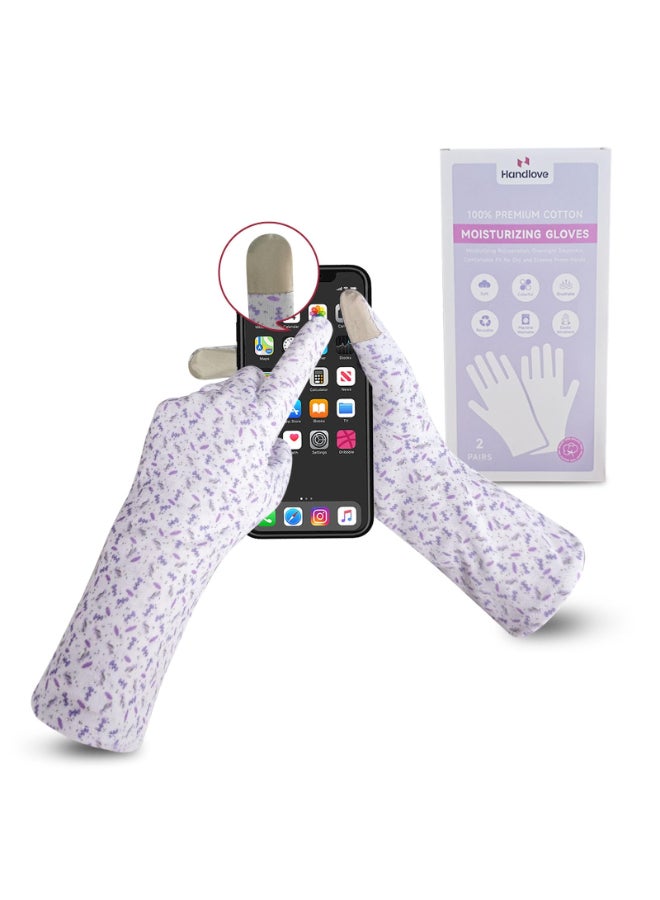 HandLove Premium 100 Cotton Gloves Moisturizing Gloves for Dry Hands Overnight Sleeping Eczema Touchscreen Friendly Extended Wrist White Gloves Lavender Dots 2Pairs - Image 2